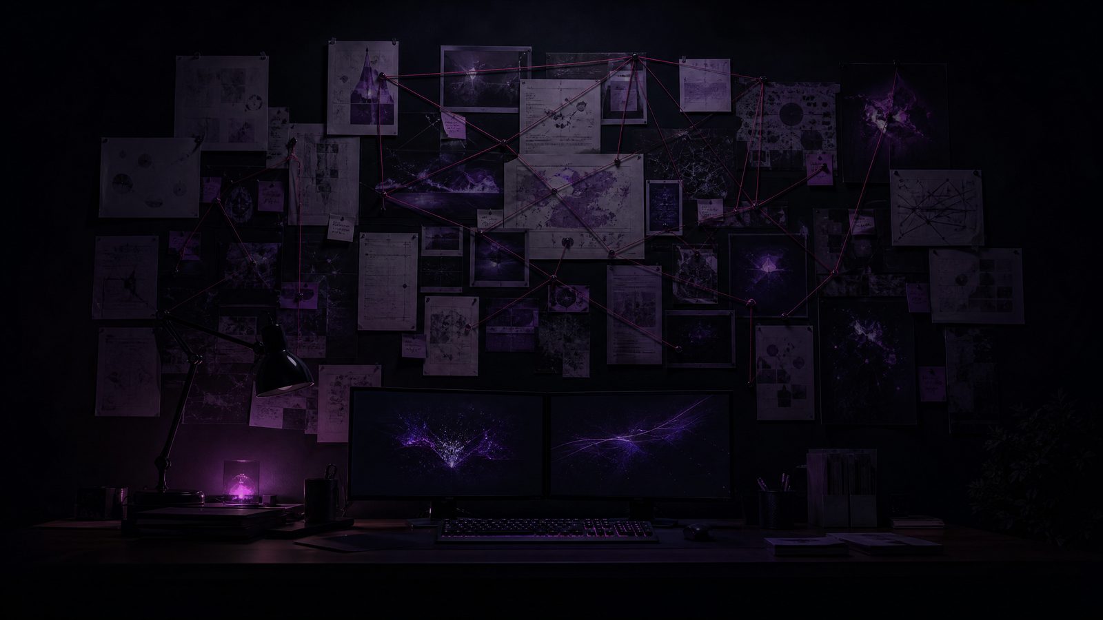 A dark room with a wall of pinned printouts connected by thread above a desk with two dimly glowing monitors
