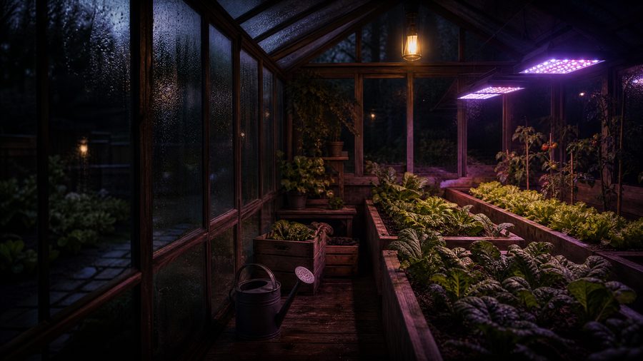 A greenhouse at night with rows of plants under soft grow lights and a watering can