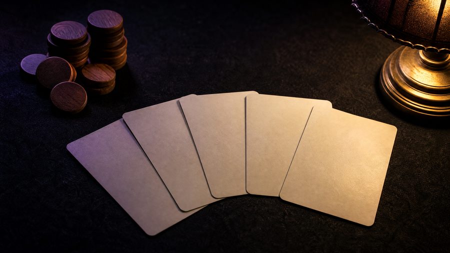 Five blank playing cards fanned on a dark felt table beside stacked wooden tokens and a dim lamp