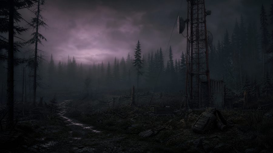 A fog-bound forest clearing at dusk with a rusted radio mast and a dropped backpack