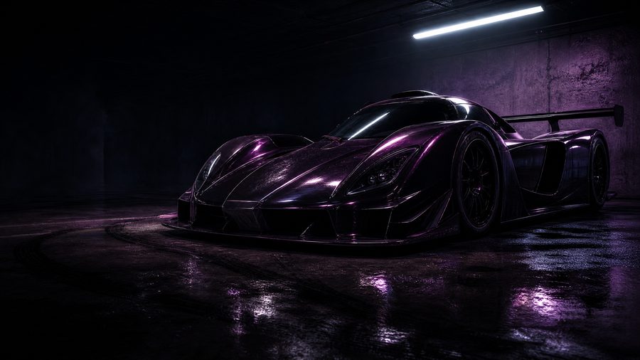 A low-slung race car parked on wet asphalt in a dim underground garage