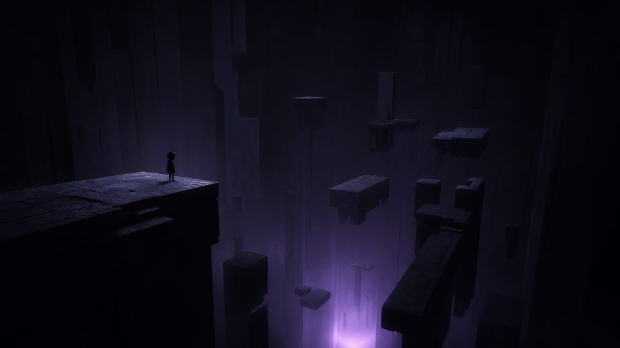 A small silhouetted figure on a floating stone platform in a vast dark chamber