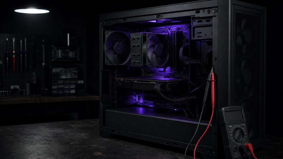 An open desktop computer case on a workbench with visible fans and cabling under a faint glow